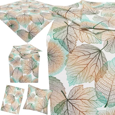 Herbst Tischdecke Tischläufer Kissenbezug Tischwäsche Deko Modern Blätter Türkis - Bild 1 von 4