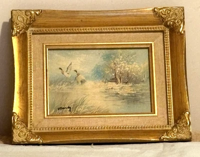 VTG Original Oil Pastel Art Painting MCM Ducks In Flight Spring By Stanly 9hx11w - Image 1 of 4