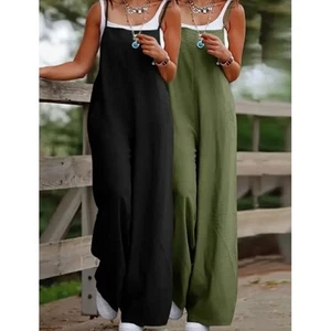 Women's Sleeveless Pockets Cotton Linen Jumpsuits Ladies Casual Wide Leg Rompers - Picture 1 of 8