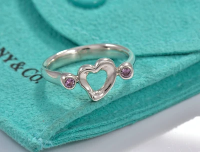 Anillo Corazón Abierto Plata Zafiro Rosa Talla 6.5 Tiffany & Co Elsa Peretti en Bolsa Foto 1 de 4