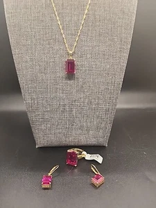 Red Lab Created Ruby 18k Yellow Gold Over 925 Ring, Pendant & Earrings - Picture 1 of 16