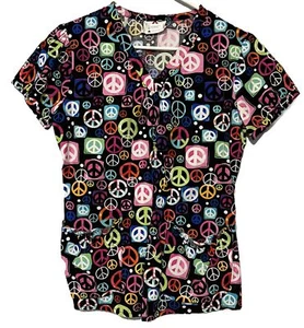 White Cross Small Scrub Top Multicolored Peace Symbol Black Cotton Pullover - Picture 1 of 12