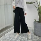 Women Knitted Pants Wide Leg Trousers Striped High Waist Loose Cropped Retro