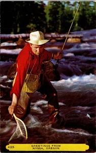 Greetings from Nyssa Oregon Postcard Man Fly Fishing - Picture 1 of 2