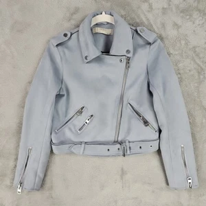 Zara Motorcycle Jacket Womens Size S Powder Blue Faux Suede Cropped Zippers Moto - Picture 1 of 10