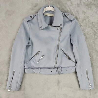 Zara Motorcycle Jacket Womens Size S Powder Blue Faux Suede Cropped Zippers Moto - Image 1 of 4
