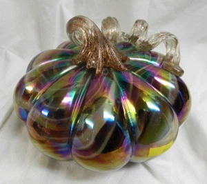 Art Glass Pumpkin Opaque Iridescent Gold Drip Hand Blown Unique Stunning 6.5" - Picture 1 of 9