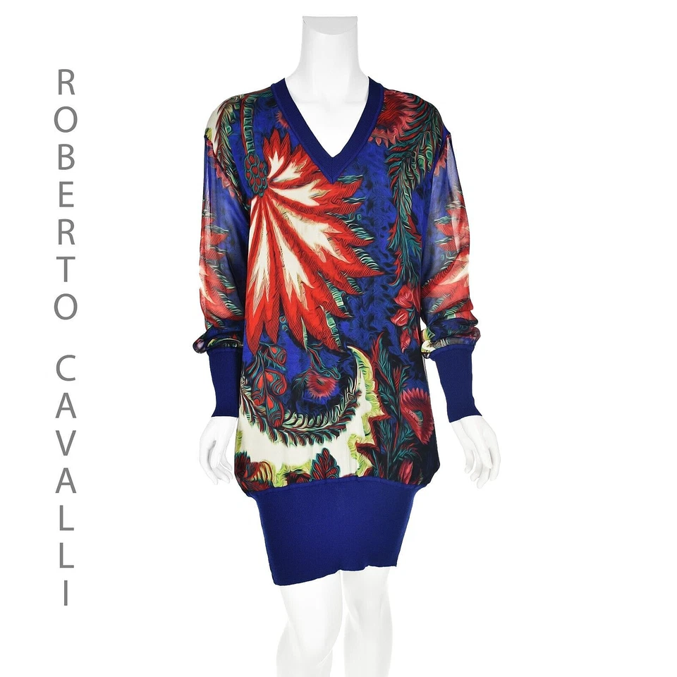 Vestido Suéter ROBERTO CAVALLI con Frente y Mangas de Seda y Espalda Tejida Azul S 6 M Nuevo sin Etiquetas Foto 1 de 4