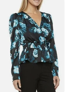 Ryegrass Blue Floral Top Womens Size Small V Neck Long Sleeve Peplum Blouse - Picture 1 of 21