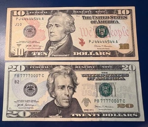 (2) Fancy Binary Serial Numbers $20 & $10 Banknotes #44444544 & #77770007 - Picture 1 of 6