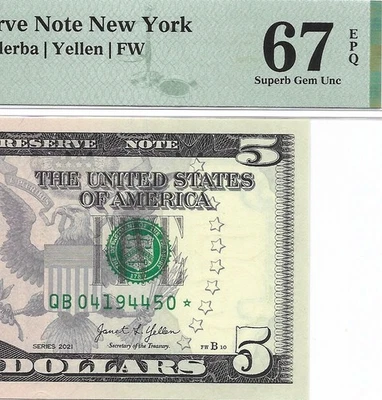 2021 $5 NEW YORK * STAR * ⭐️ FRN. PMG SUPERB GEM Uncirculated 67 EPQ Banknote. - Image 1 of 3