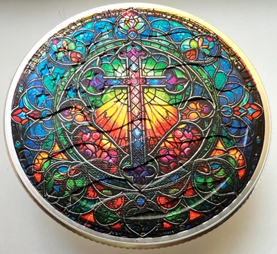 Stained Glass Christian Cross 5oz Silver Eagle Pure .999 Silver (Heavy) Coin - Image 1 of 4