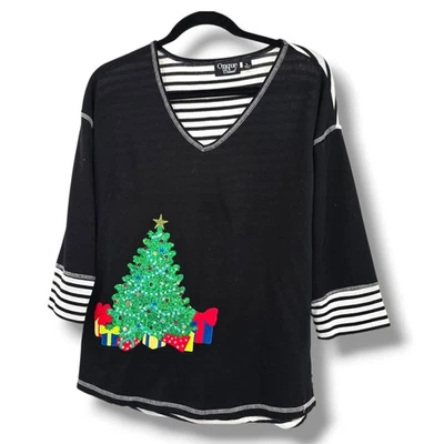 Top grande con apliques de lentejuelas de árbol de Navidad a rayas negras informal Onque para mujer Foto 1 de 4