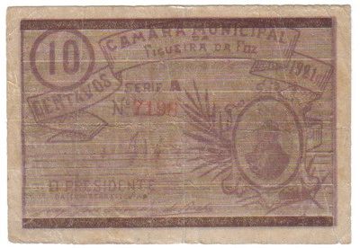 PORTUGAL NOTGELD EMERGENCY MONEY FIGUEIRA DA FOZ 10 CENTAVOS 1921 - Image 1 of 2