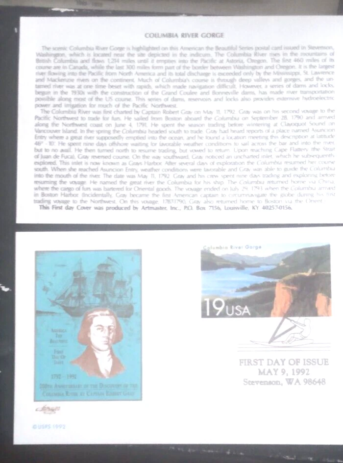 COLUMBIA RIVER GORGE WASHINGTON 1992 ARTMASTER CACHET FIRST DAY CARD UNADDR - Image 1 of 1
