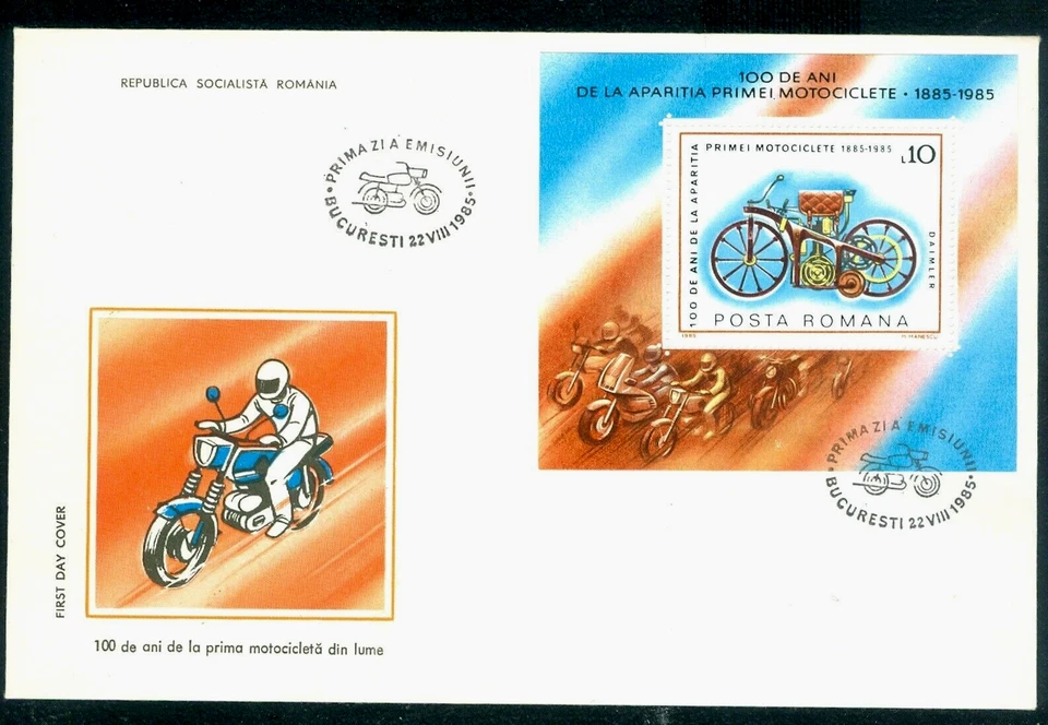 1985 Daimler First Motorcycle,Daimler Reitwagen,Motorcycling,Romania,Bl.217,FDC - Image 1 of 1