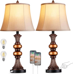 Set of 2 Touch Control Traditional Table Lamp, 27"H Bedside Lamps with 2 USB Cha - Picture 1 of 9