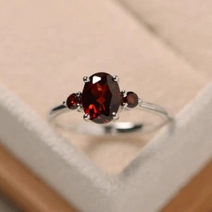 1.75 Ct Oval Cut Lab-Created Red Garnet Engagement Three Stone Ring 925 Silver - Picture 1 of 7