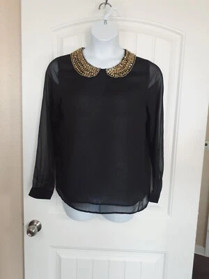 Charming Charlie L Black Long Sleeve Semi Sheer Jewel Embellished  Blouse - Image 1 of 4