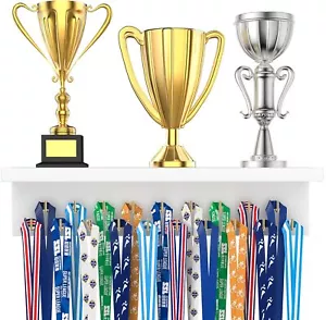 Wooden Medal Hanger Display and Trophy Shelf with 19 Hooks Medal Holder Wall ... - Picture 1 of 6