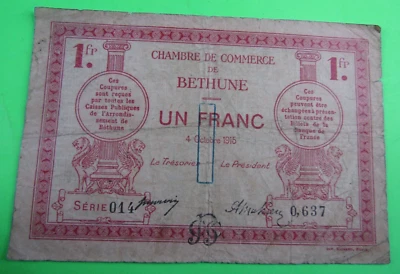 FRANCE / CHAMBRE de COMMERCE BETHUNE, 1 FRANC , 1915 - Image 1 of 2