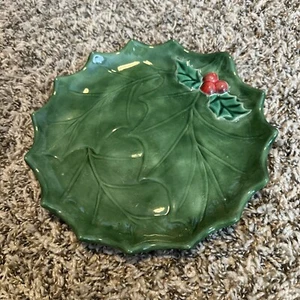 Vintage Holland Mold Green Holly Leaves Berries Christmas Pedestal Candy Dish - Picture 1 of 4
