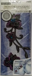 3 Purple and Black Flowers Fabric and Sequins Iron-on Applique Horizon NIP - Picture 1 of 2
