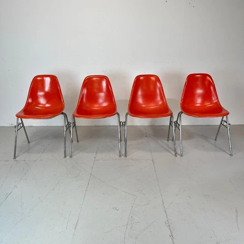 4x EAMES DSS CHAIRS HERMAN MILLER 50s 60s CORAL ORANGE STACKING BASE #3883 Cover
