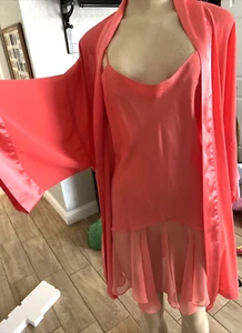 VTG Victoria Secret Gold Label Satin Feel & Sheer PEIGNOIR Orange Sm/OS bx7/ - Picture 1 of 10