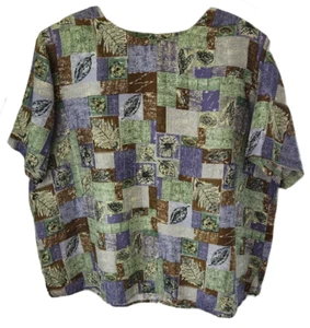 Stunt 100% Silk Blouse Plus 1X Purple Green Brown Floral Leaf Short Sleeve Slit - Picture 1 of 8
