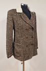 Moloh Herringbone Coat Size 12 Brown Black Tweed Pure Wool Borg Collar Unlined