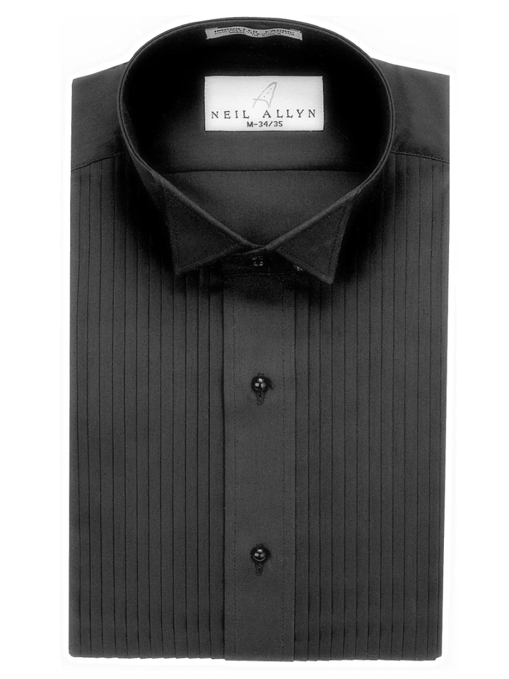 NWT. Men's Black Wing Collar 1/4" pleats Tuxedo Shirt. Size XS - 5XL. - Image 1 of 1