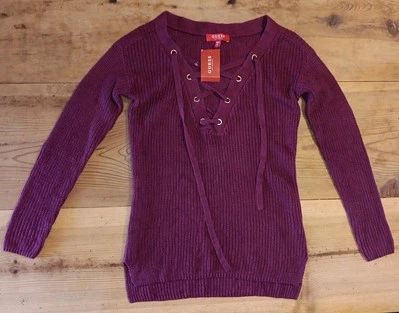 Guess Los Angeles Womens XS Khloe Sweater Raspberry Lace Up V Long Sleeve NWT - Image 1 of 4