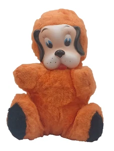 Vintage Gummi Gesicht Hund mit Aufzieh Spieluhr orange 8" hoch - Bild 1 von 8