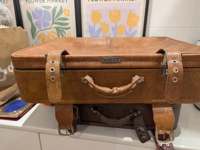Vintage Retro Constellation Brown Leather Style Suitcase 60's 70's Luggage VGC - Image 1 of 4