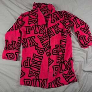 Pink Victorias Secret Womens XS/S Hot Pink Cozy Robe Logo Print Fleece Sleepwear - Picture 1 of 9