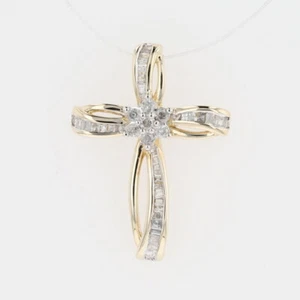 .37ctw Round and Baguette Diamond Cross Pendant without Chain 10k Yellow Gold - Picture 1 of 5