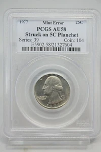 1977-P Mint Error 25C Washington Quarter Struck on 5C Planchet PCGS AU 58 #7604 - Picture 1 of 4