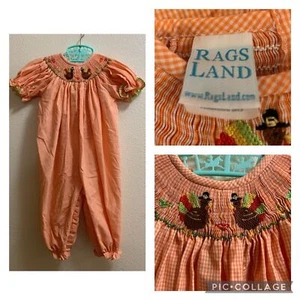 Rags Land gesmokter orangefarbener Strampler mit Gingham-Muster - 12 Monate Blätter Thanksgiving - Bild 1 von 12
