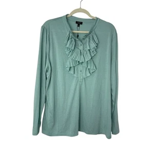 NEW Talbots Woman Long Sleeve Top Women 2X Blue Green Ruffle Henley Lightweight - Picture 1 of 6