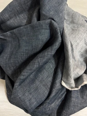 100% Flax Linen Fabric Yarn Dyed Two-Tone Dark Navy Blue / White Reversible BTY - Image 1 of 2