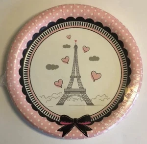 Paris Birthday Party Cocktail Dessert Plates Eiffel Tower Pink Poodle Dots 8/pk - Picture 1 of 12