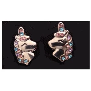 Vintage Blue Pink Unicorn Horse Silver Tone Stud Earrings with Rhinestones - Picture 1 of 9