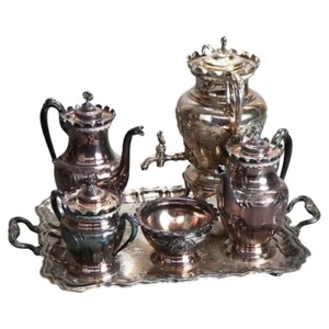 Antiguo juego de té figurativo plateado Simpson Hall Miller & Co. de seis piezas C1890 - Imagen 1 de 9