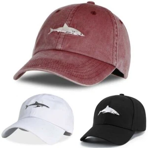 Unisex Baseball Cap Shark Embroidery Washed Snapback Hat Hip-Hop Adjustable - Picture 1 of 17