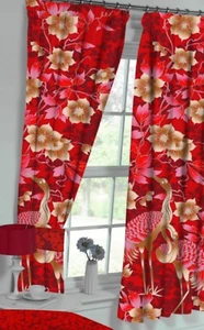 CORTINAS PLISADAS DE LÁPIZ SIN FORRAR ROJO 66"" x 72"" ORO FLORAL FLORES DE PÁJARO - Imagen 1 de 2