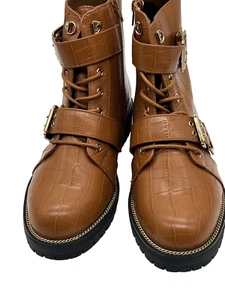 Asos Boots Women’s US 10 Wide Tan Faux Leather Croc Embossed Aubrey Lace Up - Picture 1 of 16