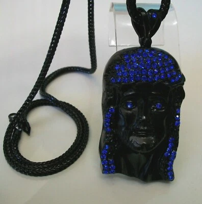Men's Fashion Dressy Casual Black Finish Blue Stone Hip Hop JESUS Chain & Charm - Image 1 of 4