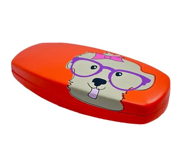 NEW Puppy Dog Wearing Purple Glasses Hard Metal Orange Clamshell Eyeglasses Case - Image 1 of 4