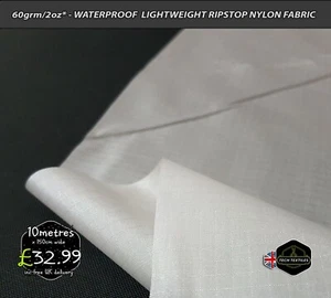 60gsm/2oz* - WHITE - WATERPROOF RIPSTOP FABRIC - BAGS CLOTHING CAMPING - 150cm - Picture 1 of 4